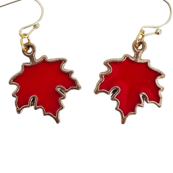 Fall Maple Leaf Dangle Earrings - Red / Gold - Picture 1 of 5